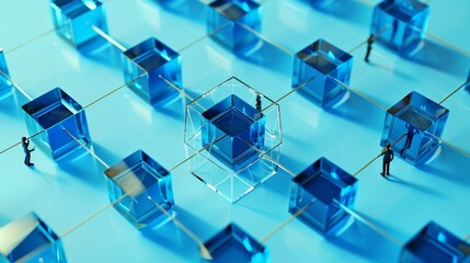large square cubes arranged in a circle on light blue, in the style of fluid networks, computer-aided manufacturing, mirrored realms, focus stacking, clear edge definition, intertwined networks