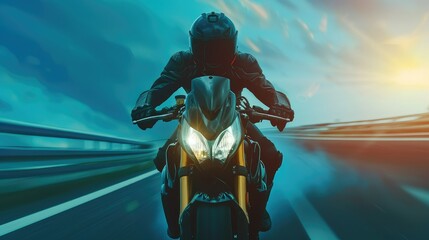 Frontal portrait of a motorcycle rider, riding fast motorcycle without helmet.
