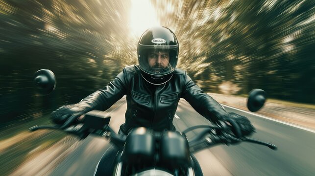 Frontal Portrait Of A Motorcycle Rider, Riding Fast Motorcycle Without Helmet.