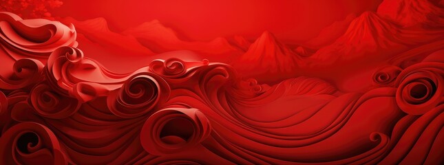 A vibrant red background featuring intricate wavy lines and curves.
