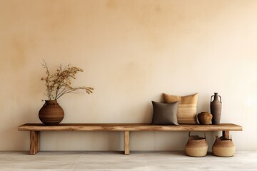 A wooden bench sits next to a wall adorned with vases, creating a rustic and decorative display.