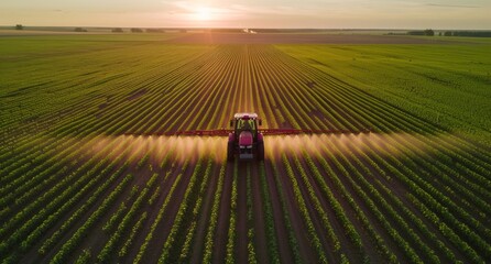 Tractor spraying pesticides in soybean field during springtime on green agricultural. - obrazy, fototapety, plakaty