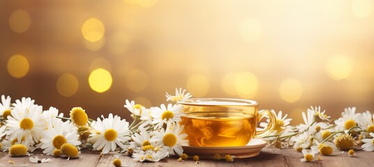 Chamomile tea and daisies on defocused background with space for text, floral composition - obrazy, fototapety, plakaty