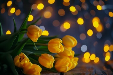 tulips on a wooden table with yellow lights