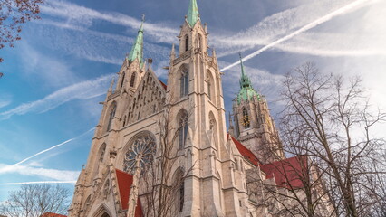 St. Paul's Church or Paulskirche timelapse. Looking up perspective. Munich, Bavaria, Germany.