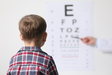 Ophthalmologist testing little boy's vision in clinic, back view