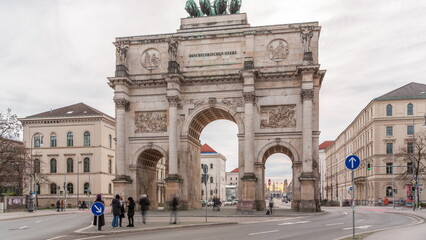 The Siegestor or Victory Gate in Munich is a memorial arch, crowned with a statue of Bavaria with a lion quadriga timelapse. Germany