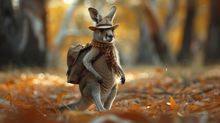 A stylish kangaroo hopping through an urban landscape