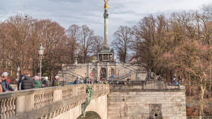 Peace Column with golden Angel of Peace statue timelapse. Germany, Munich