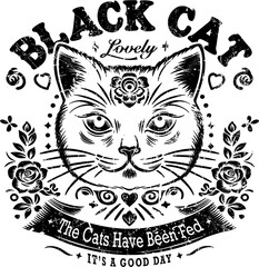 Black cat illustration, T-shirt print pattern with the cats have been fed slogan. - 731047145