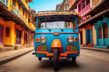 Obraz premium A blue and orange bus is seen driving down a street, transporting passengers.