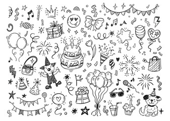 Happy birthday hand drawn sketch set with doodle cake, balloons, fireworks and party attributes