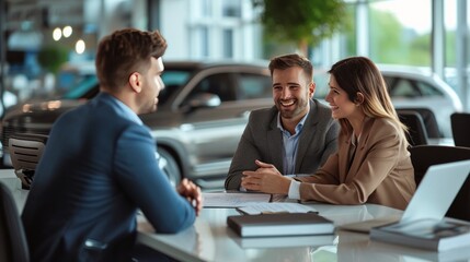 An auto dealer meets with a couple in the office, explaining the contract as they sit together. The car showroom manager facilitates the discussion. - obrazy, fototapety, plakaty