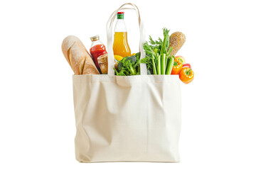 bag with a variety of fruits and vegetables isolated on a white background.