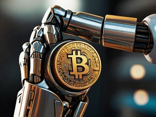 Bitcoin coins on the metallic shape materials, unique ideas, some crazy design, future money, cashless world