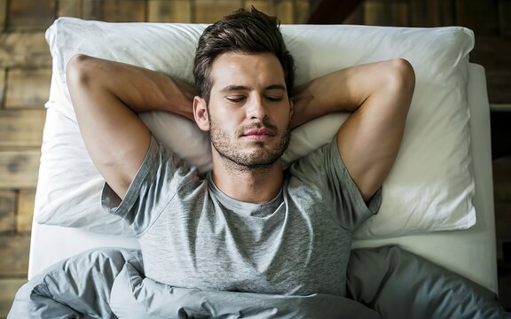 Attractive young man sleeping in bed