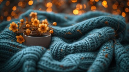 a close up of a blanket and a cup with flowers in it on a table with lights in the background.