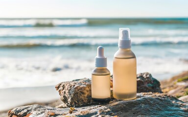 Cosmetic bottles on the stone with a blurred sea backdrop.Natural organic cosmetic mock up