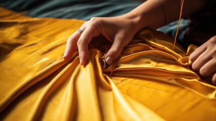 A person is seen sewing a piece of yellow fabric on a bed, displaying their sewing skills.