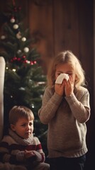 A boy suffering from a cold is shown blowing his nose at home, addressing his discomfort.