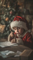 A boy is shown writing a letter to Santa Claus, eagerly expressing his wishes and hopes for the holiday season.