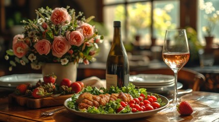 a table topped with a plate of food and a glass of wine next to a vase of flowers and a bottle of wine.