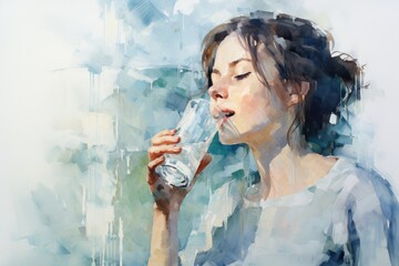 This photo depicts a painting of a woman enjoying a refreshing drink as she holds a glass of water.