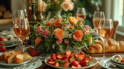 Obraz na płótnie Canvas a table topped with plates of food next to glasses of wine and a vase filled with flowers and greenery.