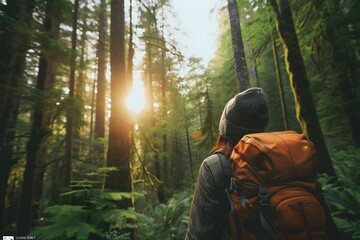 Naklejka premium Woman Looking Through Forest with Backpack