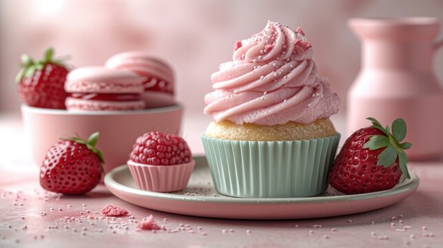 a plate topped with a cupcake covered in frosting and topped with strawberries next to other cupcakes.