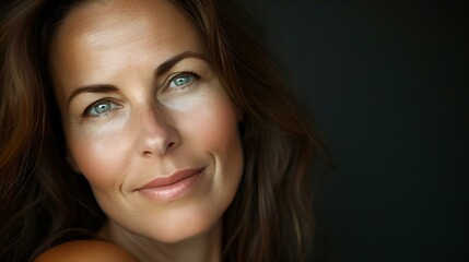 Obraz premium Serene woman smiling gently, radiating confidence and beauty. close-up portrait on dark background. perfect for lifestyle marketing. AI