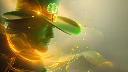 Saint Patrick's Day character leprechaun with green hat and four leave clovers sparkles Shamrock copy space 4k video