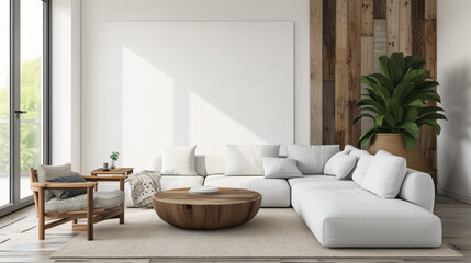 Fototapeta na wymiar White and wood living room with sofa and armchair.
