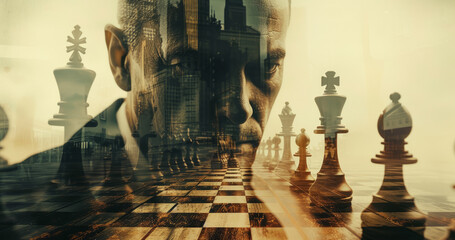 Double exposure of a businessman's face and chess pieces. Composition of success, strategy, intelligence, forward thinking, development, innovation and perseverance.