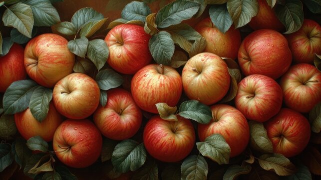 a painting of a bunch of apples with leaves on the top and bottom of the apples on the bottom of the picture.