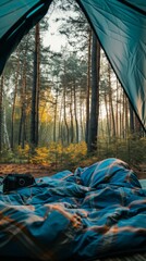 A camping tent set amidst a forest camping site, depicting a serene and peaceful scene with no people around.