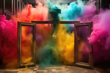 A lively room filled with an abundance of vibrant colored smoke, creating a dynamic and visually striking atmosphere.