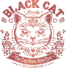Black cat hand drawn digital illustration with slogans. T-shirt and products print.