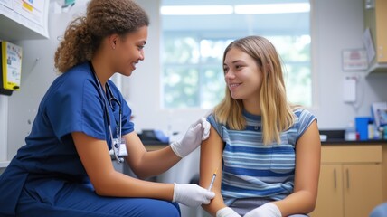 nurse administering a vaccine to a young female patient in a clinical setting, depicting a medical or drug immunization scenario. - obrazy, fototapety, plakaty