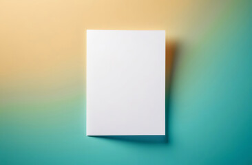 Fototapeta premium Blank Greeting Card Invitation Mockup. Top view. White Paper Mock Up on Pastel Gradient Yellow and Green Color. Copy Space. Minimal Business Brand Template. Soft Shadow. Nordic Flier Design Ad. A4