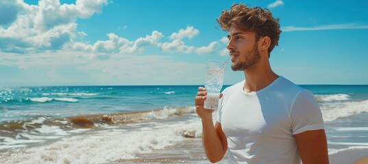 Hydration concept  young man drinking water on beach on sunny summer day with copy space - Powered by Adobe