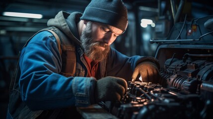 A grease-covered engineer inspecting a car engines wiring - obrazy, fototapety, plakaty