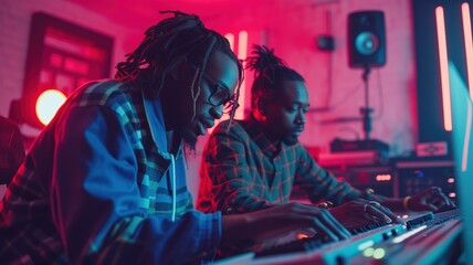 Fototapeta premium Two musicians are working in a studio. They are focused on creating music with a synthesizer and mixing console.