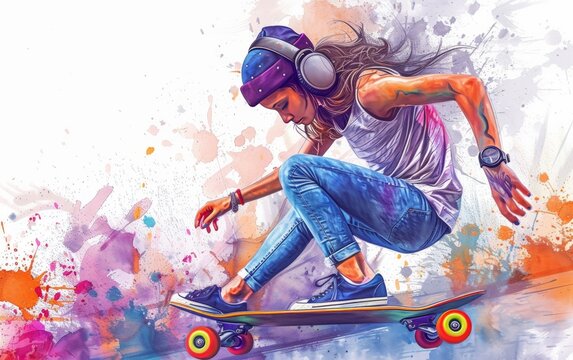 An illustration rendered in watercolor style portrays a carefree woman skateboarding while listening to music with headphones, capturing a sense of freedom and enjoyment.