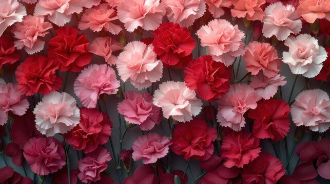 a bunch of pink and red carnations are in a flower arrangement on a gray background with pink and red flowers in the center of the photo.