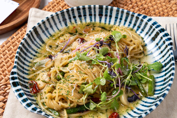 Pepper, tomato, pasta, spaghetti, rosé, shrimp, cream, perilla, aglio e olio, trouble, pollack, tripe, garlic, omurice, gambas, al-hiyo,