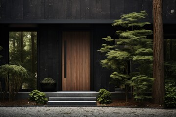 A photo of a house featuring a wooden door set amidst a backdrop of lush trees.