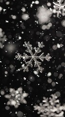 Fototapeta premium Snowflakes gently falling against a black background create a serene and festive atmosphere reminiscent of Christmas.