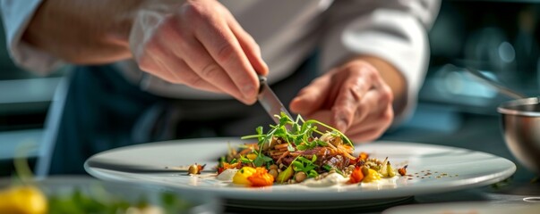 A close-up image captures a chef meticulously preparing a gourmet dish, highlighting the attention to detail and culinary expertise involved in the process.