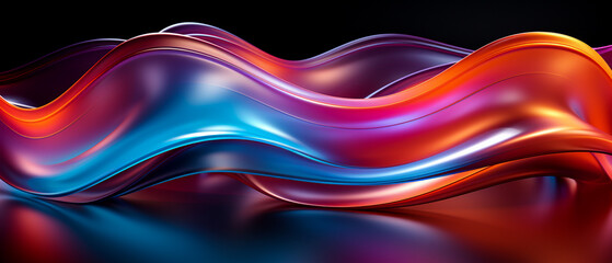 Vibrant abstract color wave on black backdrop: Dynamic hues blend with clarity. Abstract ultra wide orange blue azure pink purple lilac dark gradient background. Banner, wallpaper, template, desktop